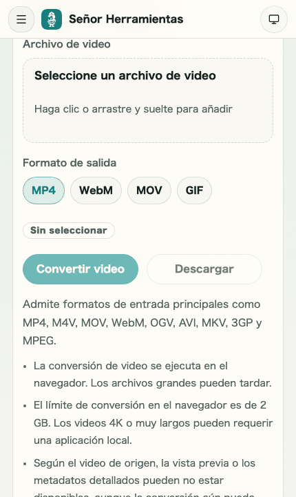 Imagen móvil recortada del área de entrada y de la vista previa antes de convertir en Conversión de formato de video mostrando la selección de archivo y los controles de formato de salida