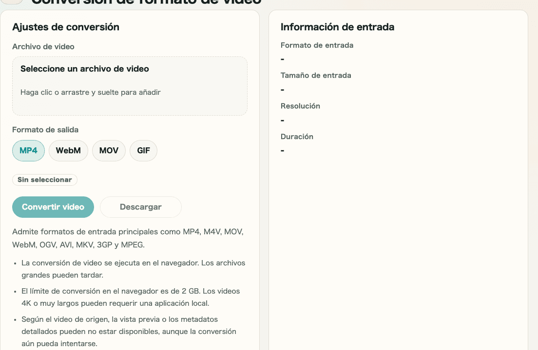 Imagen recortada del área de entrada y de la vista previa antes de convertir en Conversión de formato de video mostrando la selección de archivo y los controles de formato de salida