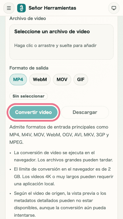 Imagen móvil recortada del área de entrada y del resultado de conversión en Conversión de formato de video mostrando el botón de convertir y la posición donde revisar el resultado
