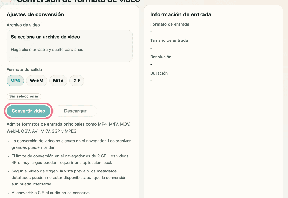Imagen recortada del área de entrada y del resultado de conversión en Conversión de formato de video mostrando el botón de convertir y la posición donde revisar el resultado