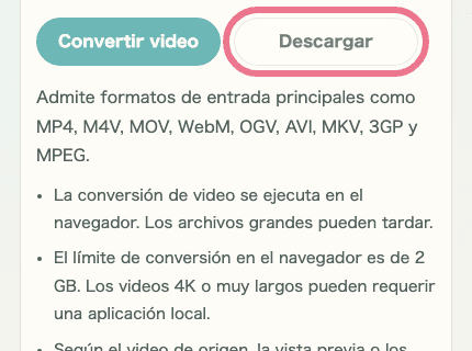Imagen móvil recortada del botón de descarga en Conversión de formato de video