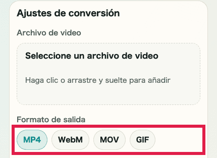 Imagen móvil recortada de las pestañas de formato de salida en Conversión de formato de video
