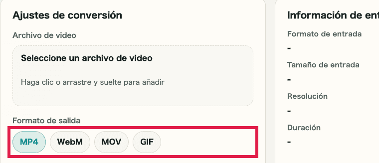 Imagen recortada de las pestañas de formato de salida en Conversión de formato de video