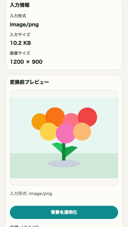 画像背景透明化ツールの設定エリアと入力情報を切り出した SP 画像。画像ファイル選択と入力情報の位置を示している