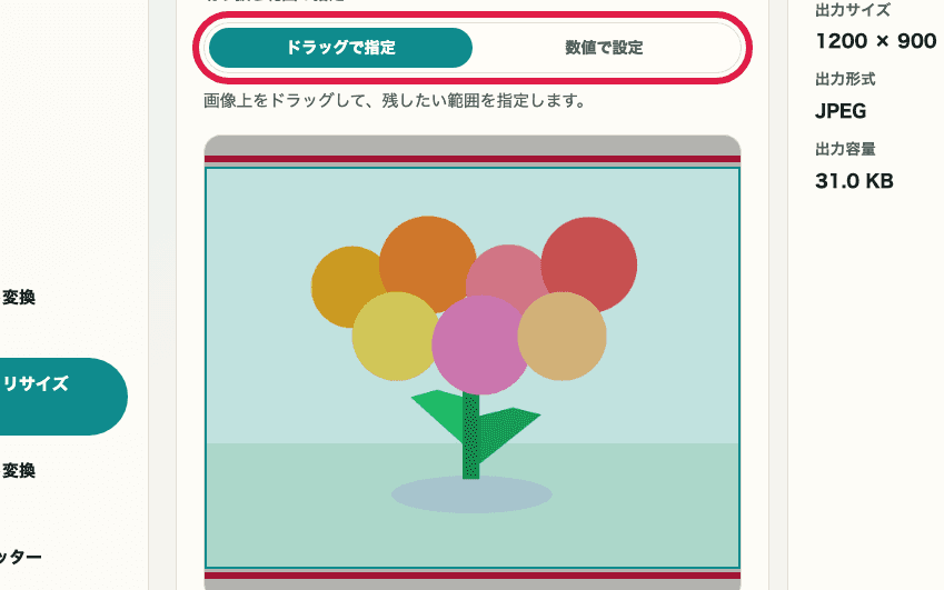 画像トリミング・リサイズの切り抜き範囲指定エリアを切り出した画面