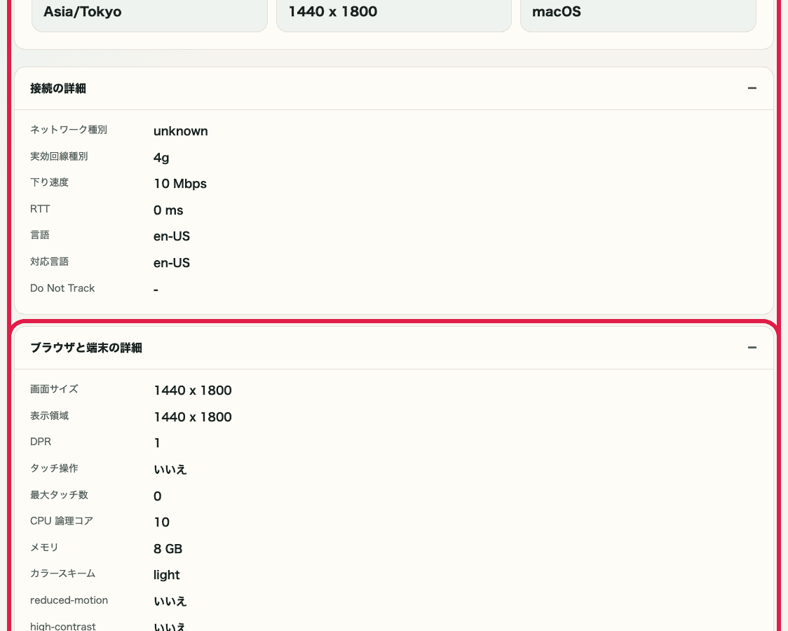 IP・ネットワーク情報確認の主要情報カードを切り出した画面