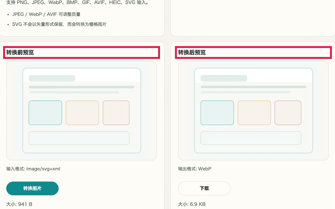 显示图片格式转换中确认结果位置的前后预览区域裁剪截图