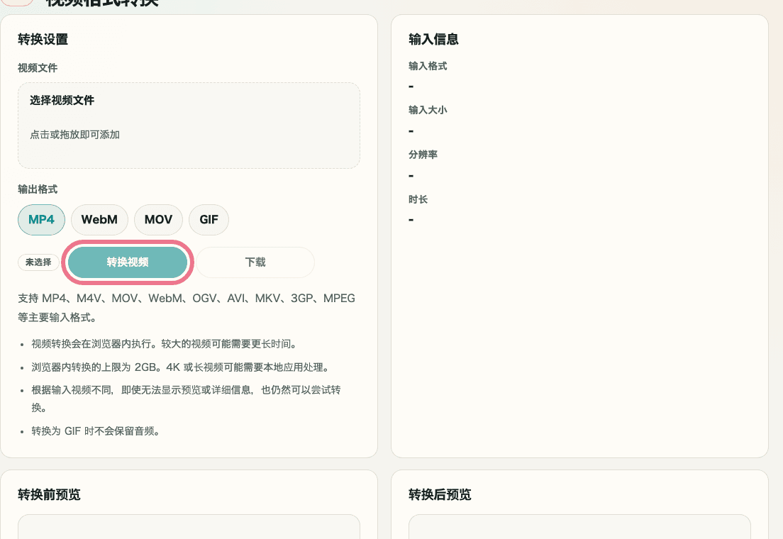 显示视频格式转换中转换按钮与确认结果位置的输入区域和转换结果裁剪截图