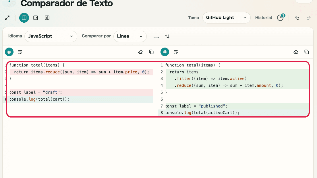 Pantalla que muestra el área de entrada anterior y posterior en Comparador de diferencias de texto