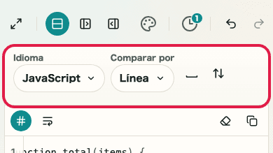 Pantalla que muestra el área de opciones de comparación en Comparador de diferencias de texto