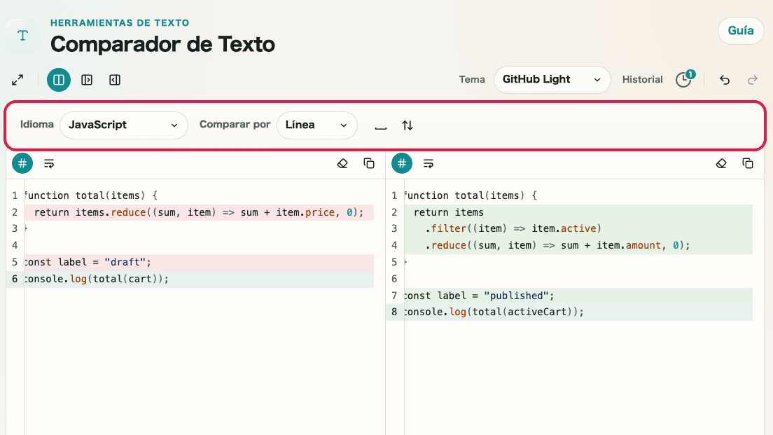 Pantalla que muestra el área de opciones de comparación en Comparador de diferencias de texto