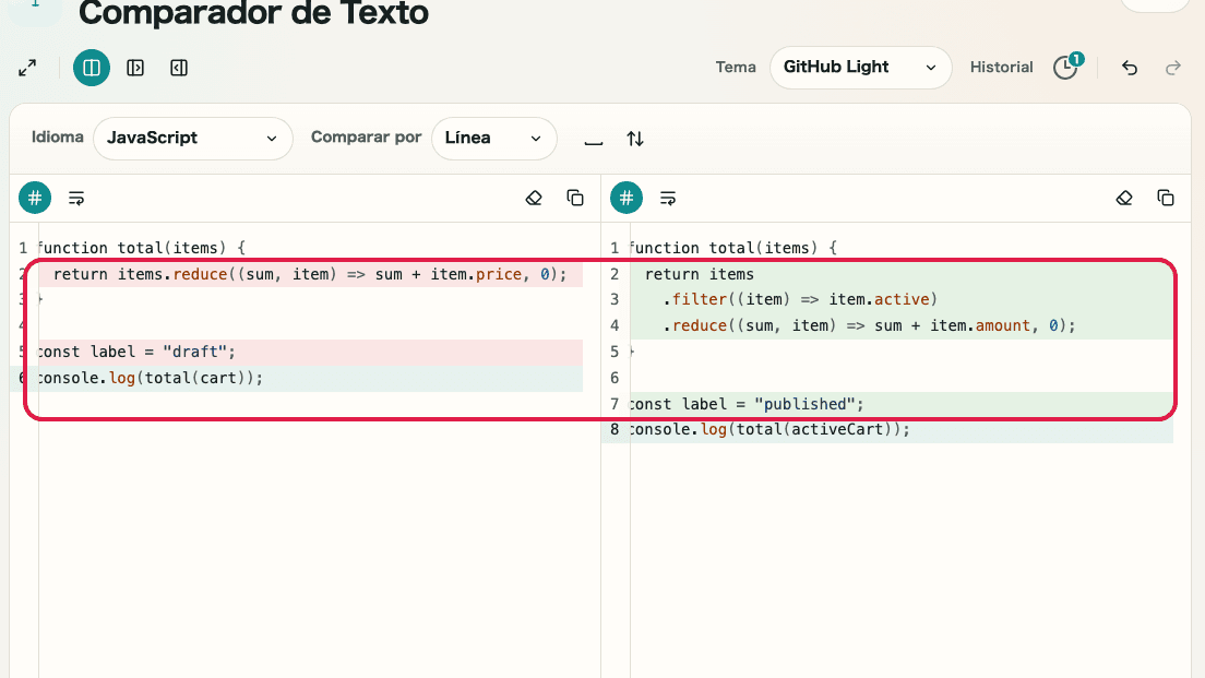 Pantalla que muestra el área de revisión de diferencias en Comparador de diferencias de texto