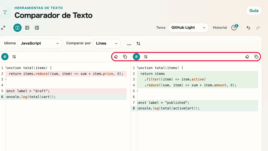 Pantalla que muestra acciones de copia y reutilización en Comparador de diferencias de texto