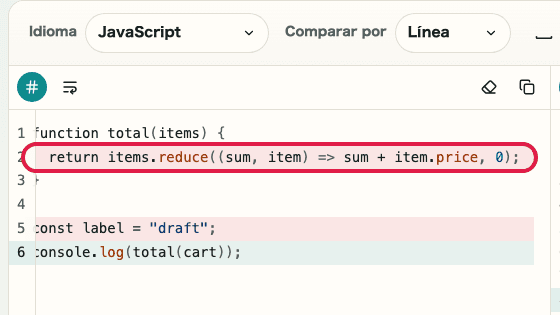 Pantalla que muestra el resaltado de diferencias en Comparador de diferencias de texto