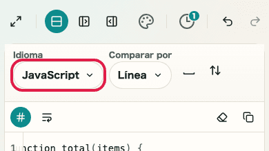 Pantalla que muestra el selector de idioma en Comparador de diferencias de texto
