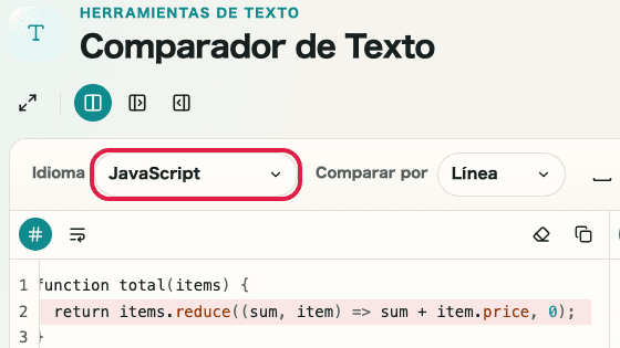 Pantalla que muestra el selector de idioma en Comparador de diferencias de texto