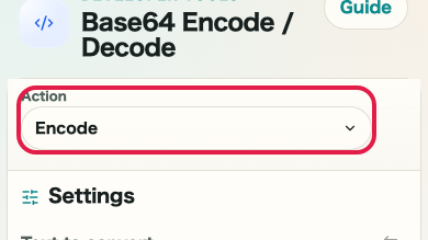 Screen showing where to use Convert to Base64 in Base64 Encode/Decode