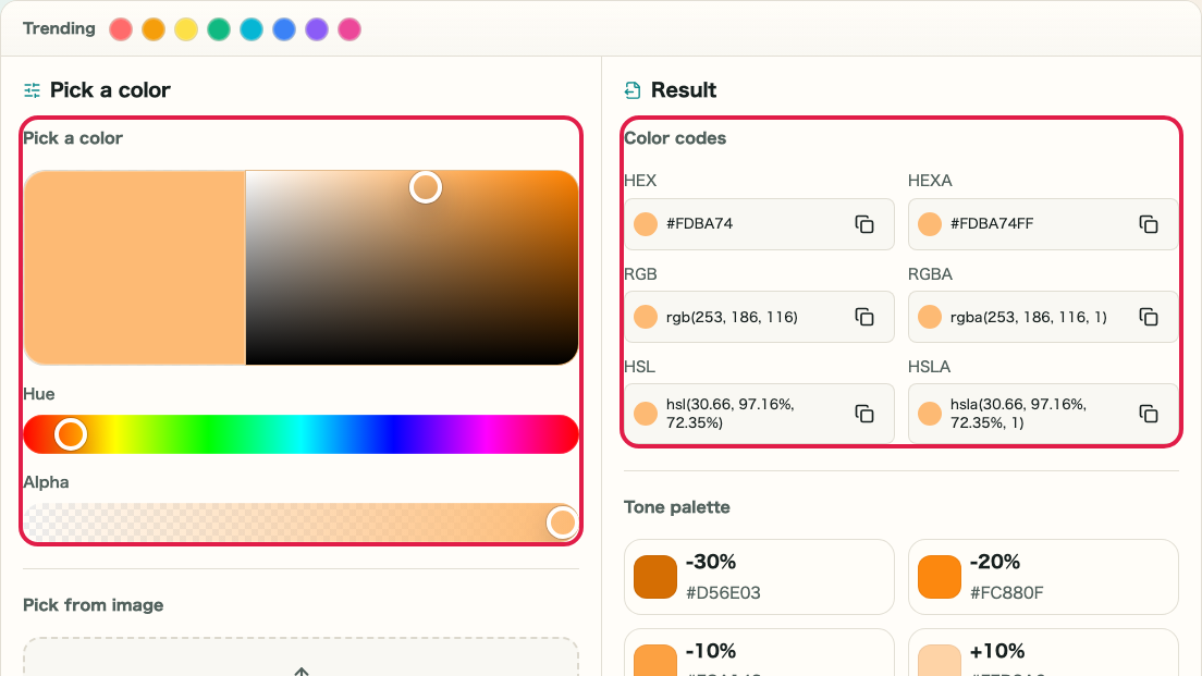2D picker selecting a color with color codes updating in real time