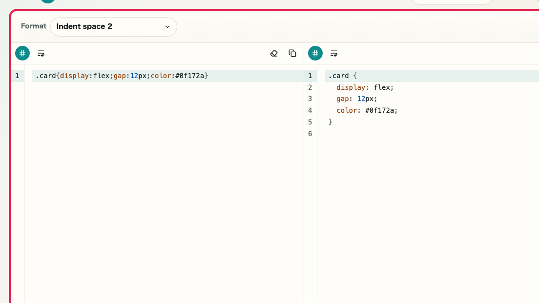 Screen showing Format and minify mode area in CSS Formatter