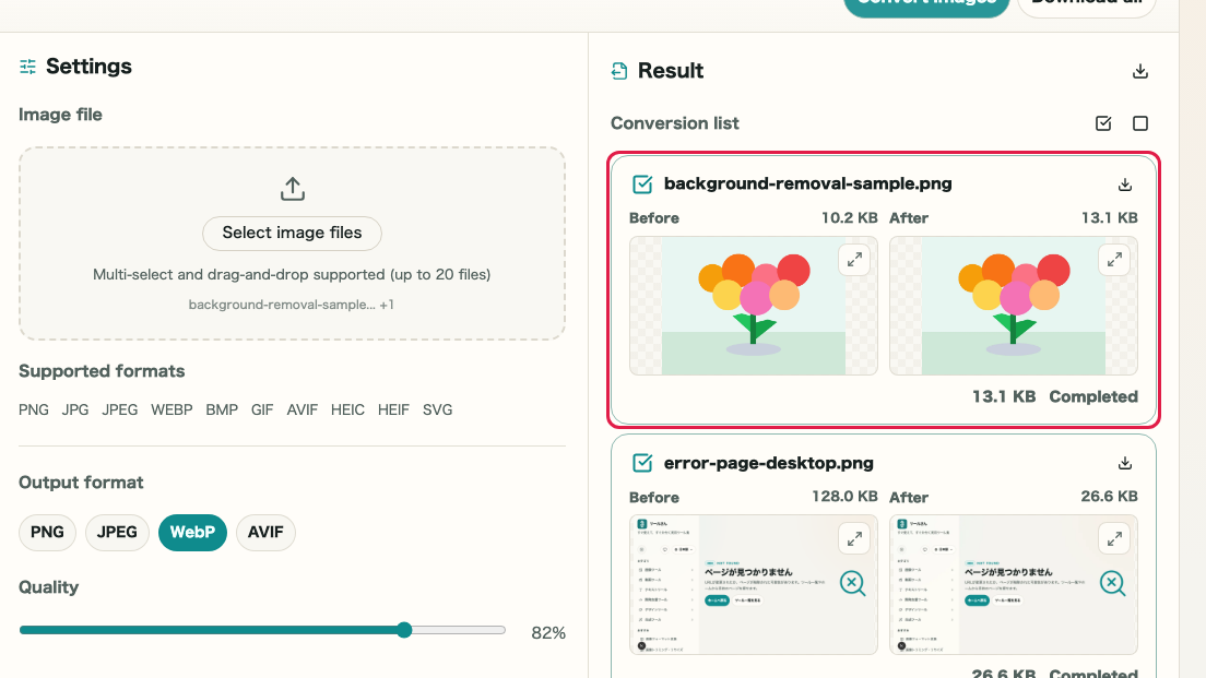 Image Format Conversion: Run conversion and review result cards