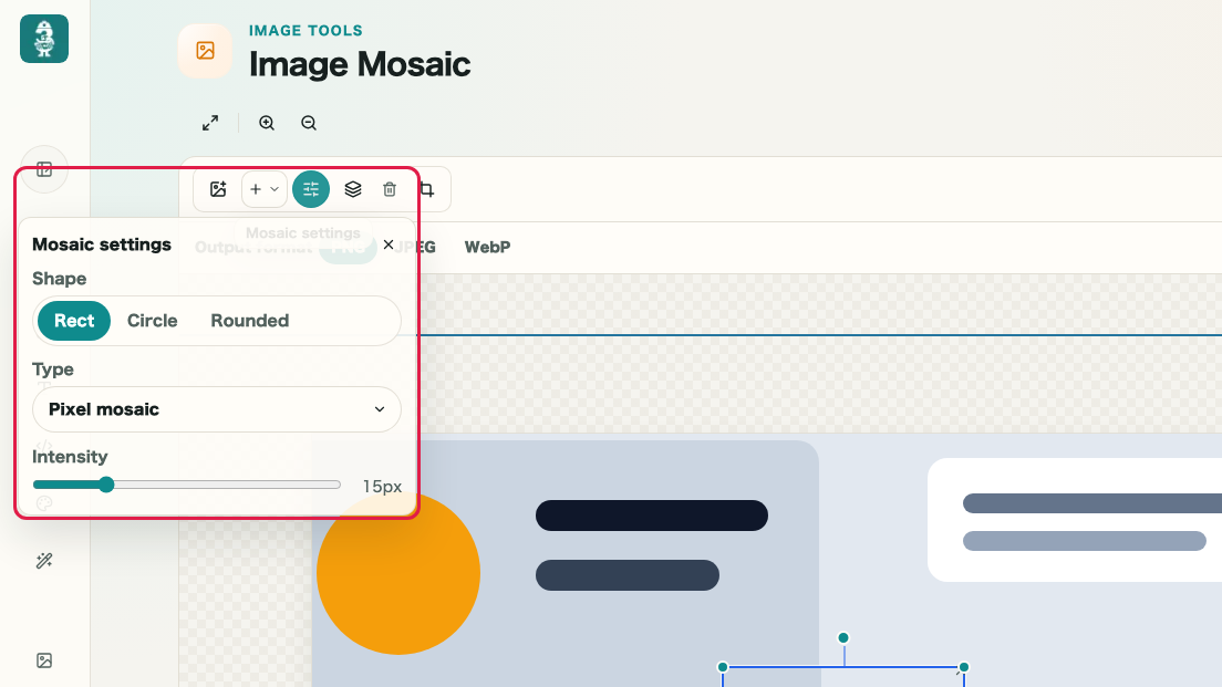 Screen showing shape, effect, and stacking adjustments in Image Mosaic