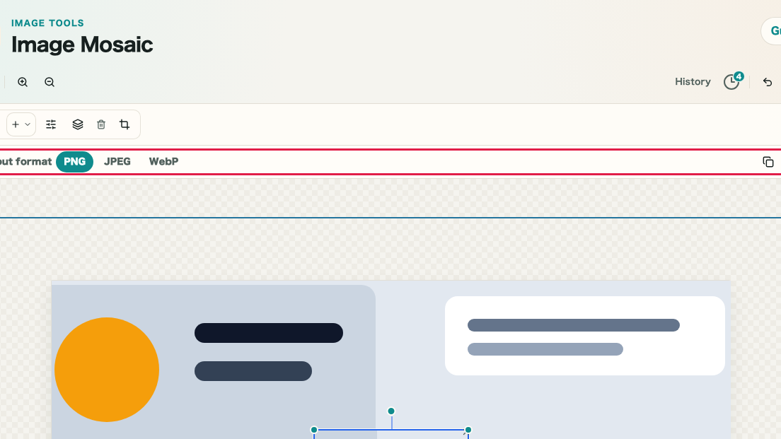 Screen showing format selection and save actions in Image Mosaic