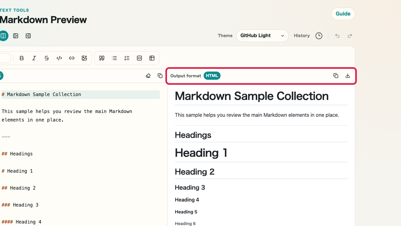 Screen showing HTML output and code block review in Markdown Preview