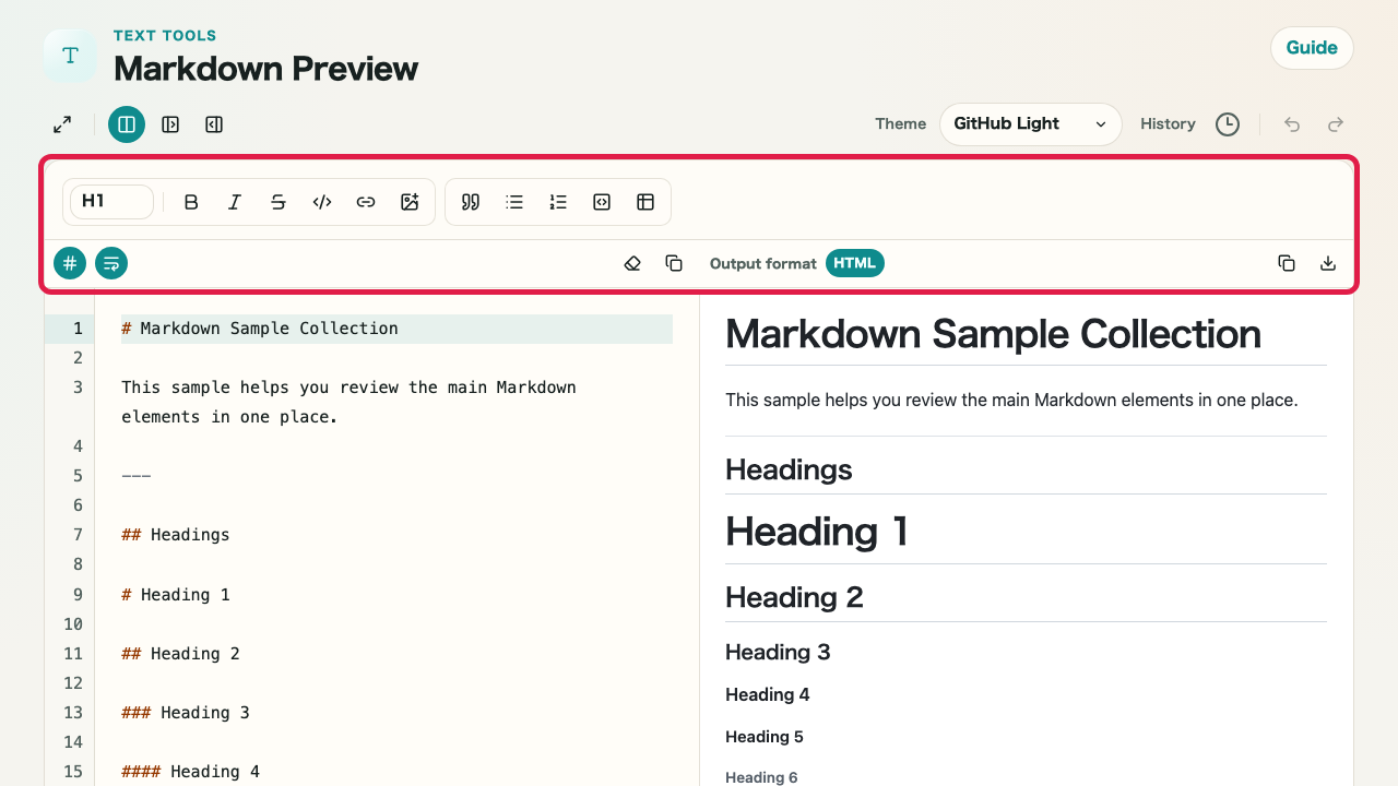 Screen showing the formatting toolbar and editing helpers in Markdown Preview