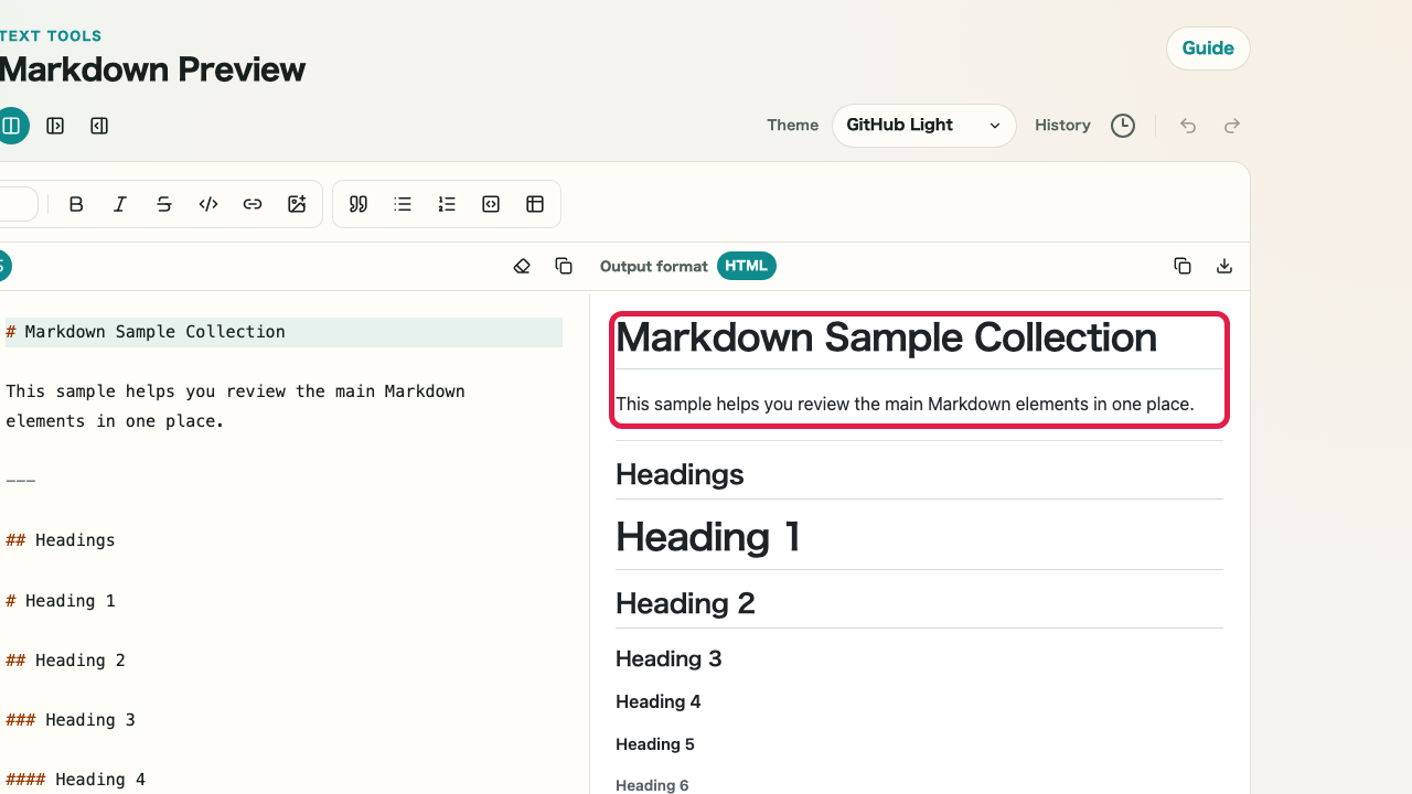 Screen showing the preview, theme, and layout area in Markdown Preview