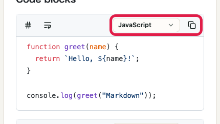 Screen showing HTML output and code block review in Markdown Preview: Code block helpers