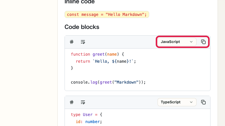 Screen showing HTML output and code block review in Markdown Preview: Code block helpers