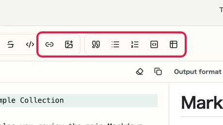 Screen showing the Markdown input area in Markdown Preview: Links, images, code, and tables