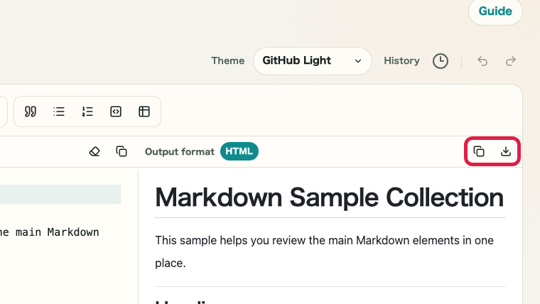 Screen showing where to copy HTML and download HTML in Markdown Preview