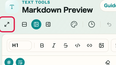 Screen showing the preview, theme, and layout area in Markdown Preview: Fullscreen view