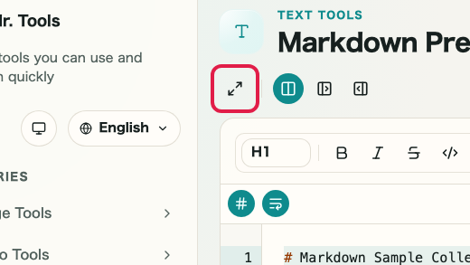 Screen showing the preview, theme, and layout area in Markdown Preview: Fullscreen view