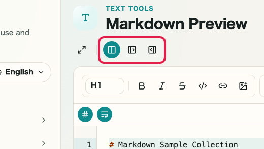 Screen showing the preview, theme, and layout area in Markdown Preview: Layout switching