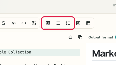 Screen showing the Markdown input area in Markdown Preview: Quotes and lists