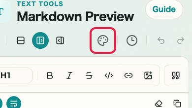 Screen showing the preview, theme, and layout area in Markdown Preview: Theme