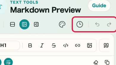 Screen showing the formatting toolbar and editing helpers in Markdown Preview: History, undo, and redo