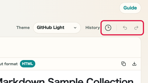 Screen showing the formatting toolbar and editing helpers in Markdown Preview: History, undo, and redo