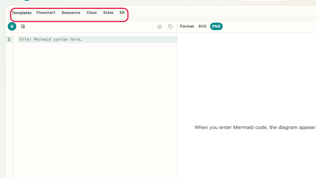 Screen showing Input suggestions and editor tools in Mermaid Preview