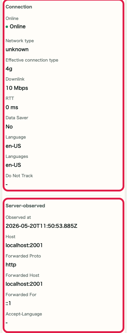 Screen showing connection and server-observed area in IP and Network Information Checker