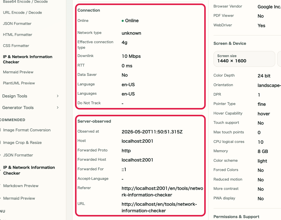 Screen showing connection and server-observed area in IP and Network Information Checker