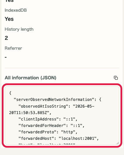 Screen showing where to review JSON in IP and Network Information Checker