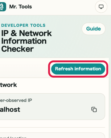 Screen showing where to refresh information in IP and Network Information Checker