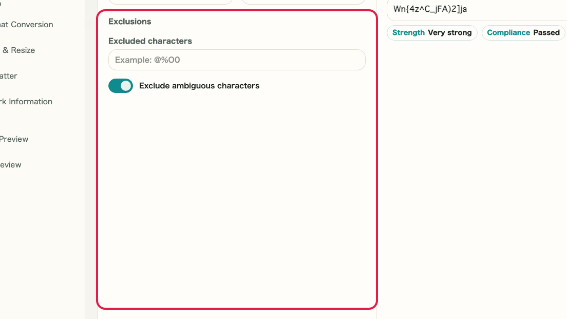 Screen showing Preset and purpose area in Password Generator