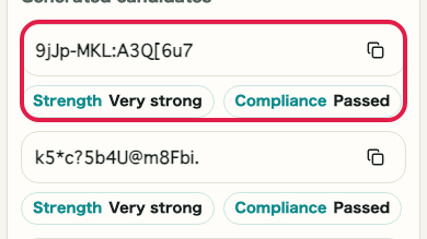Screen showing Generated results and copy area in Password Generator