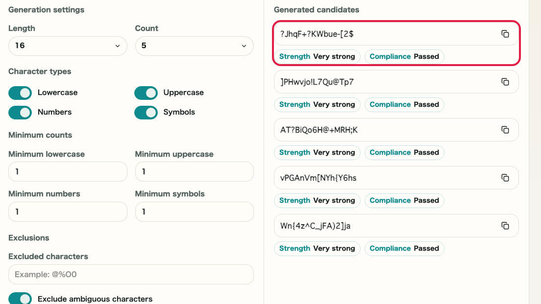Screen showing Generated results and copy area in Password Generator
