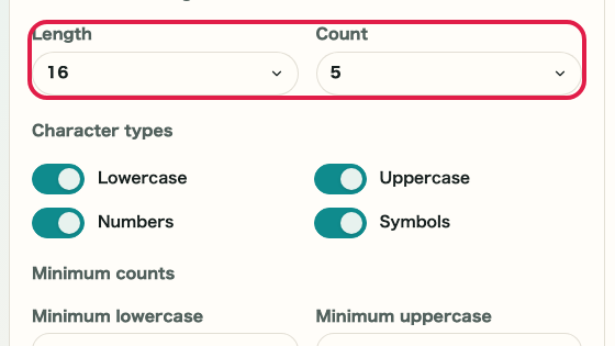 Screen showing where to use Length and count in Password Generator