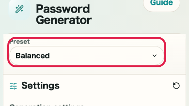 Screen showing where to use Preset in Password Generator